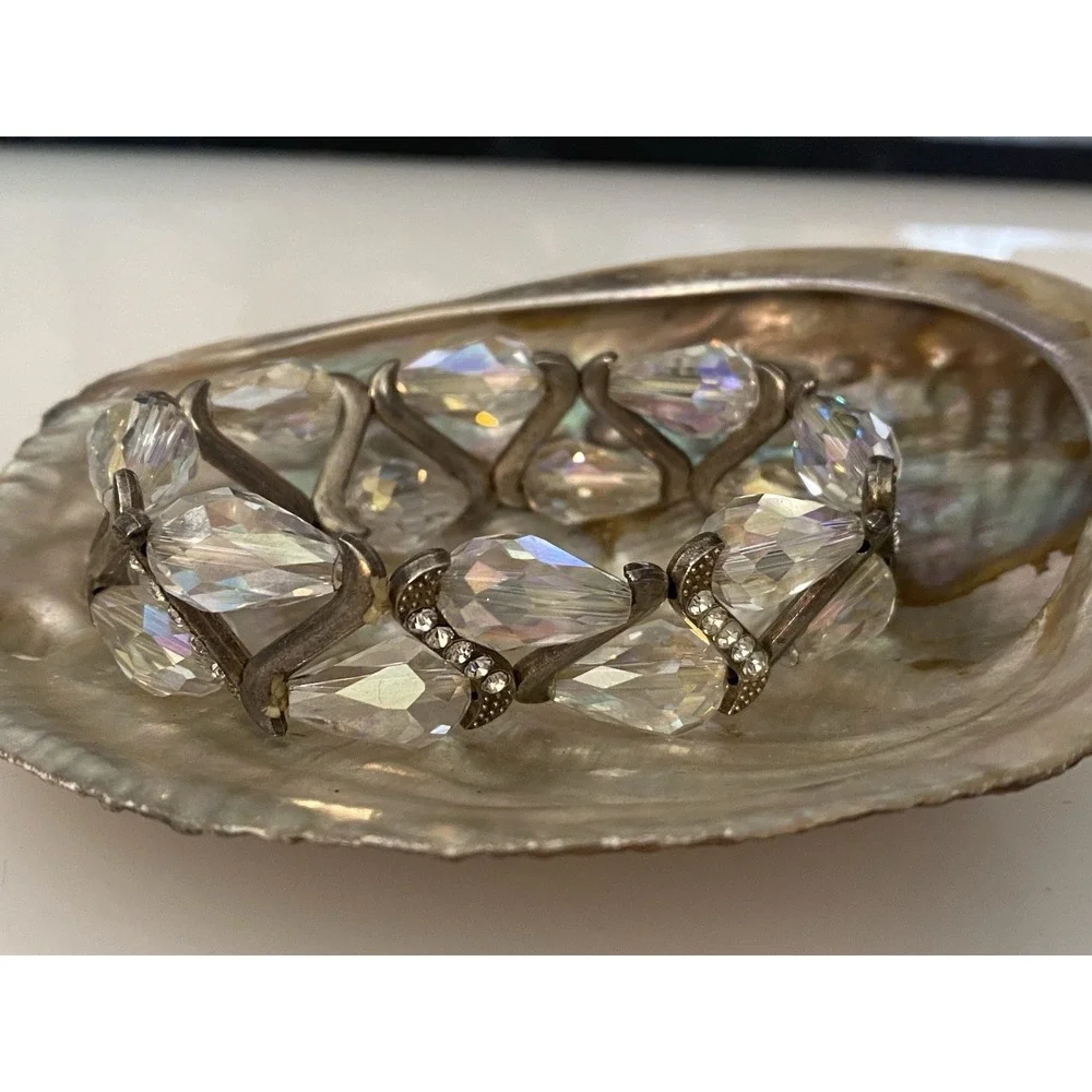Vintage Silvertone‎ Faceted Beaded Sparkly Rhinestones Stretch Bracelet Sparkle